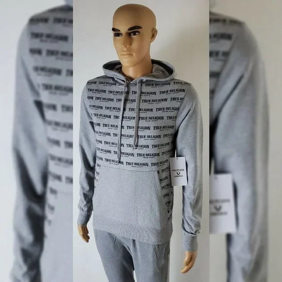 TRUE RELIGION LOUNGEWEAR HODDIE MEN ALLOVER PRINT SCRIPT REPEAT LOGO SIZE S GREY - Picture 7 of 11